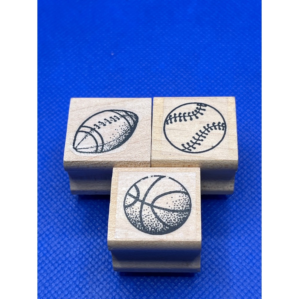 Vintage Sports Rubber Stamps Set of 3 Football Baseball Basketball Wood Mounted